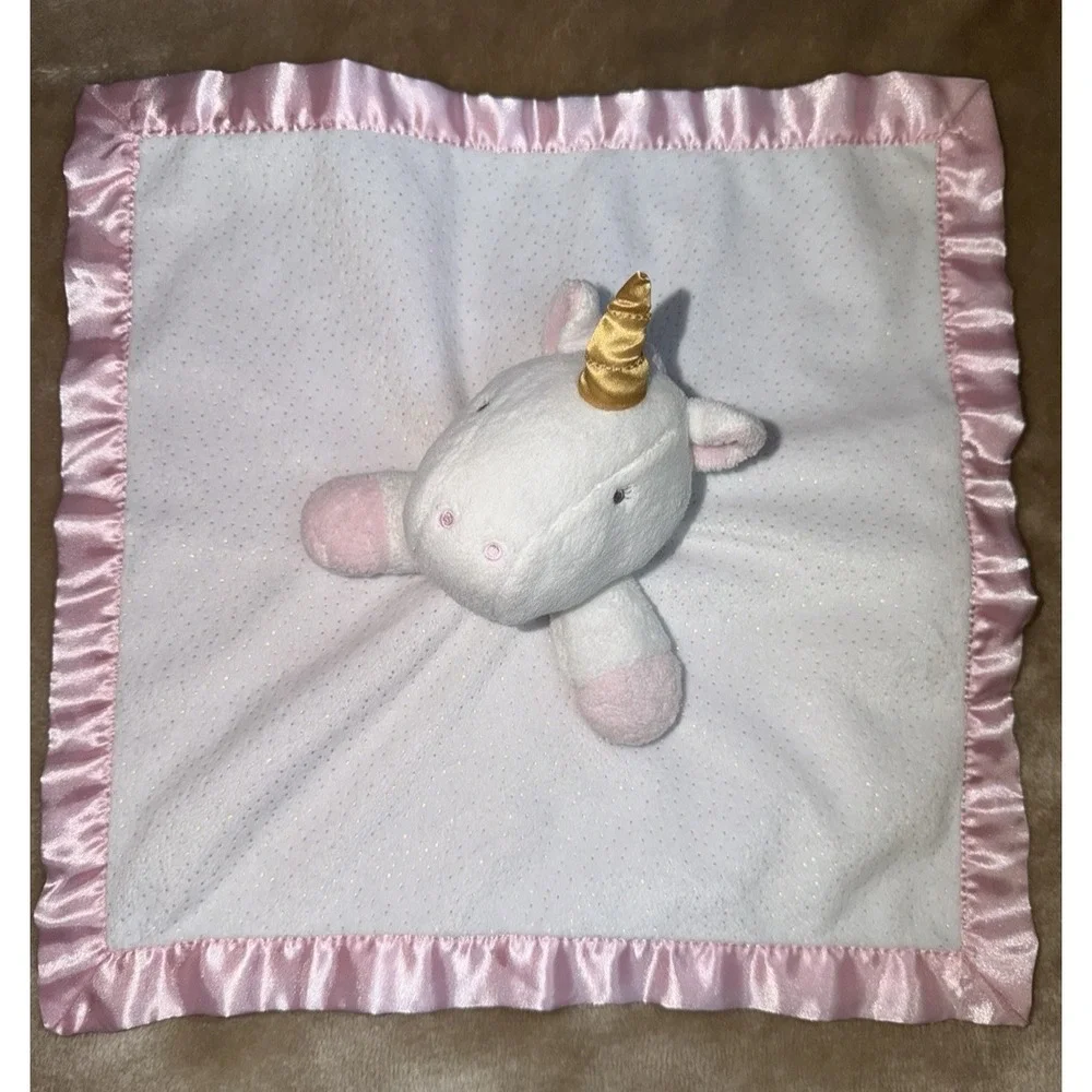 Cloud Island Lovey Unicorn Security Blanket White Polka Dot Satin